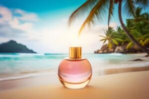 uma garrafa do perfume em a Beira Mar é envelope dentro uma aceno. amarelo areia em a praia, marinho cosméticos e fragrância. neural rede ai gerado foto