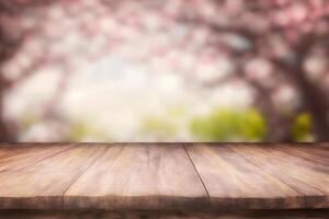 Primavera sazonal do Rosa sakura ramo com de madeira mesa ficar em pé, flor fundo. neural rede ai gerado foto