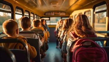 traseiro Visão do uma grupo do crianças sentado dentro a ônibus e olhando às a janela, costas para escola, generativo ai foto
