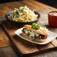 uma prato do Filadélfia queijo bife com alguns holandês batata salada foto