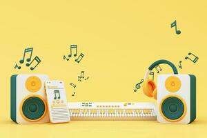 fones de ouvido e Smartphone com música notas flutuando em amarelo fundo cercado de alto falante com musical instrumentos. conceito do Diversão música ou música festival. 3d render ilustração desenho animado estilo foto