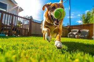 cachorro em uma verde gramado jogando com uma bola generativo ai foto