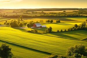 Fazenda em uma verde Prado Próximo para uma arrumado verde campo quente pôr do sol, Visão a partir de uma zangão generativo ai foto