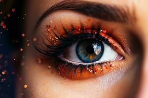 festivo lindo olho Maquiagem com brilhos generativo ai foto