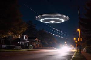 estrangeiro objeto UFO disco sobre a estrada generativo ai foto