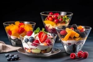 fruta e baga gelo creme dentro uma vidro generativo ai foto