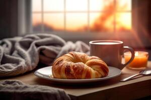 fresco croissant e uma copo do café em a mesa contra a fundo do a janela generativo ai foto