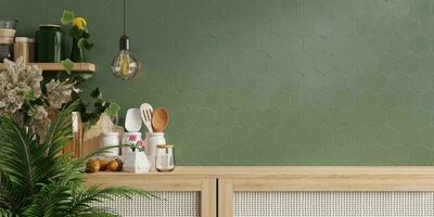 painéis de parede verde com prateleira de madeira na sala da cozinha. foto