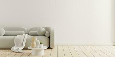 esvaziar vivo quarto com cinzento sofá e mesa em esvaziar branco parede fundo. foto