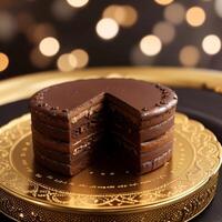 sackertorte. chocolate bolo em uma dourado placa. café feijões em uma Preto texturizado mesa. ai generativo foto