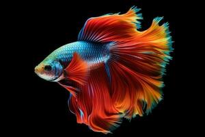 betta peixe. colorida siamês tropical peixe com lindo seda rabo em Preto fundo. generativo ai foto