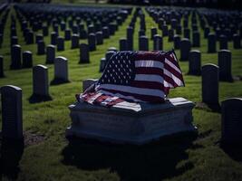 bandeira em lápide às a nacional Heróis cemitério, ai gerado imagem foto