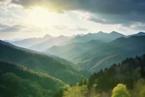 Sol brilhando nublado céu é em a montanhas , gerar ai foto