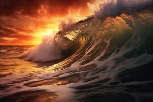 pôr do sol sobre oceano ondas ai gerado foto