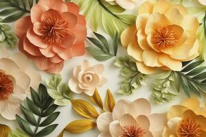 3d floral construir papel de parede. laranja, rosa, verde e amarelo flores dentro luz fundo. para crianças quarto parede decoração, gerar ai foto