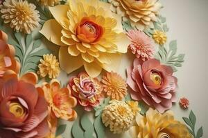 3d floral construir papel de parede. laranja, rosa, verde e amarelo flores dentro luz fundo. para crianças quarto parede decoração, gerar ai foto