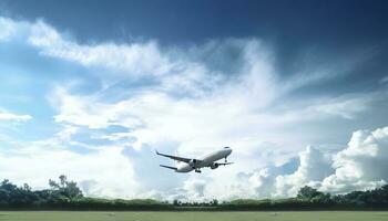 mundo meio Ambiente dia conceito. avião dentro a azul céu e nuvem, gerar ai foto