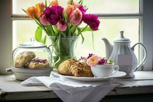 uma mãe dia arranjo com chá e scones dentro frente do uma brilhante janela, gerar ai foto