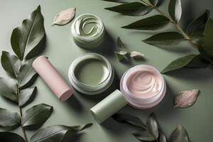 eco amigáveis cosméticos decorado com verde folhas, orgânico facial cuidados com a pele, Maquiagem e pele Cuidado Cosmético Unid. ai gerado imagem. foto