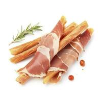 saboroso italiano grissini com fatias do jamon em branco fundo, gerar ai foto