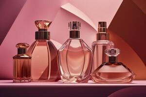 elegância perfume garrafa, feminino Cosmético rosa, generativo ai foto