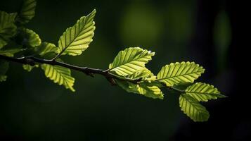 terra dia e mundo meio Ambiente dia, primavera, tropical árvore folhas e ramo com lindo verde floresta fundo, gerar ai foto