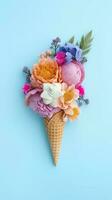 gelo creme cone com rosa, azul, amarelo merengues em uma colorida fundo, gerar ai foto