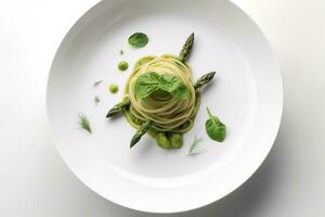 tradicional italiano espaguete com espargos dentro uma erva molho servido Como uma topo Visão em uma nórdico Projeto placa, gerar ai foto