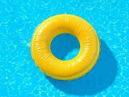 3d amarelo inflável piscina anel, topo visualizar, piscina fundo com azul água. generativo ai foto