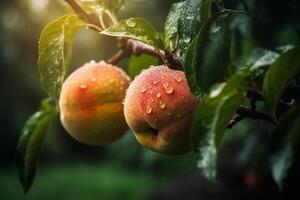 fresco pêssegos com chuva gotas do água. natural fruta crescendo em uma árvore dentro a verão. jardim com amadurecido frutas. delicioso e saudável orgânico nutrição. cópia de espaço. generativo ai. foto