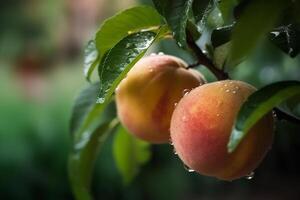 fresco pêssegos com gotas do água. natural fruta crescendo em uma árvore dentro a verão. jardim com amadurecido frutas. delicioso e saudável orgânico nutrição. cópia de espaço. generativo ai. foto