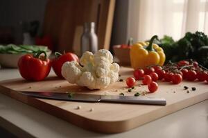 fresco legumes - tomates, páprica, couve-flor em uma de madeira corte borda dentro a cozinha. saudável comendo conceito. nutriciologia. generativo ai. foto