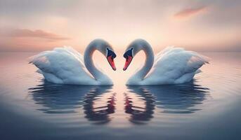 dois cisnes em a lago às pôr do sol. romântico amor conceito. ai gerado foto