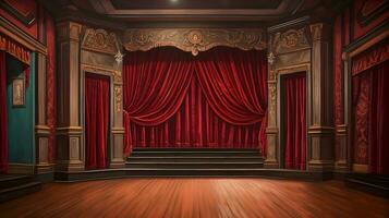clássico teatro etapa com vermelho cortinas e de madeira chão ai gerado foto