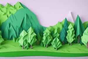 3d ilustração do verde cidade com árvores e estrada dentro a meio. papel origami panorama. ai gerado foto