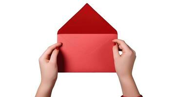 topo Visão foto do fêmea mão segurando vermelho aberto envelope.
