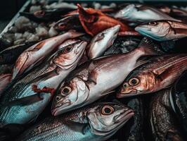 fresco oceano peixe e frutos do mar às a peixe mercado fechar acima topo Visão criada com generativo ai tecnologia foto
