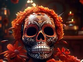 dia do a morto açúcar crânio Maquiagem com flores e velas em Sombrio fundo criada com generativo ai tecnologia foto