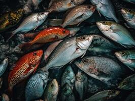 fresco oceano peixe e frutos do mar às a peixe mercado fechar acima topo Visão criada com generativo ai tecnologia foto