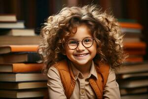 retrato do uma feliz criança pequeno menina com óculos sentado em uma pilha do livros e lendo uma livros. ai gerado foto