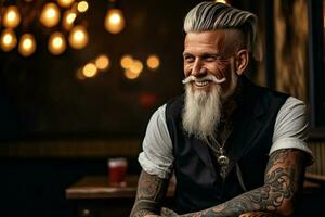 sorridente velho tatuado moda homem com negrito cabelo fumar uma cigarro. ai gerado foto
