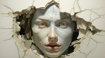 a cabeça do uma senhora encarando através uma rasgado orifício dentro papel, dentro a estilo do truque do a olho pinturas. ai gerado foto