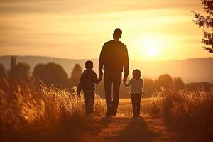 feliz família pai, mãe e criança filha lançamento uma pipa em natureza às pôr do sol. ai gerado foto