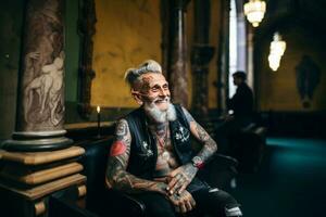 sorridente velho tatuado moda homem com negrito cabelo fumar uma cigarro dentro uma igreja. ai gerado foto