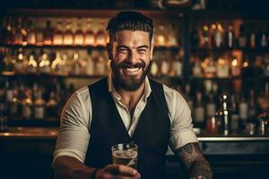 retrato sorridente barman mistura uma coquetel dentro uma agitador. ai gerado foto