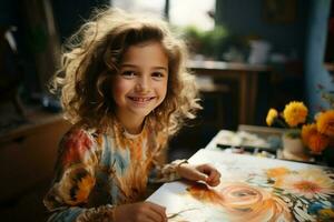 menina segurando uma pincel, voltado para a Câmera, desenhando em uma de madeira mesa, crianças quarto fundo. ai gerado foto