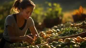 mulher colheitas legumes dentro dela jardim. ai gerado foto