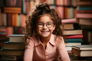 retrato do uma feliz criança pequeno menina com óculos sentado em uma pilha do livros e lendo uma livros. ai gerado foto