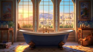 lindo fantasia fundo com lindo Visão do banheira e dourado luzes generativo ai, ai gerado foto