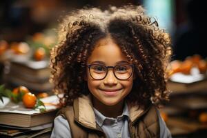 engraçado sorridente Preto criança escola menina com óculos aguarde livros, vivo quarto fundo. ai gerado foto